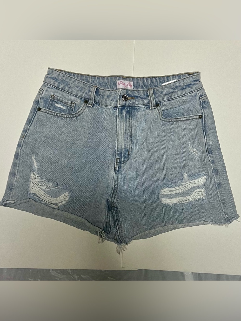 Pink Lily Light Wash High-Rise Distressed Denim Shorts
